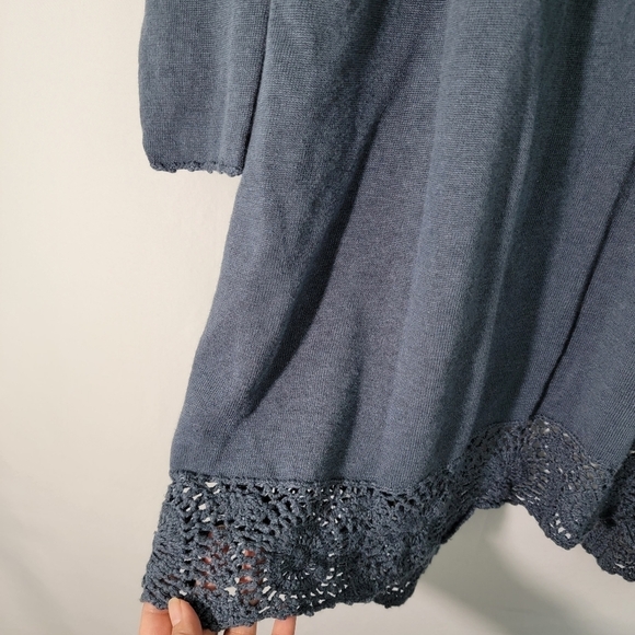 WRAP London Women's Blue Open Front Cardigan Sz 14 Linen Blend Crochet Pockets - Picture 9 of 11